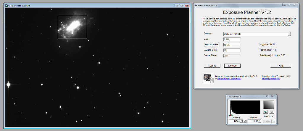 08  Exposure Planner (all).png - People frequently ask "how long should I expose my target?"  I wrote my Exposure Planner utility to help answer the question.  It's actually a bad question because it depends on what I want to do.  For example, if I draw a box around the whole galaxy, I can see that I will need only 20 minutes to achieve a signal to noise ratio of 10.  But it isn't as simple as that.